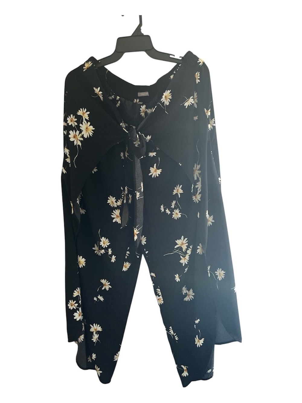 Maurices Black Tie-Neck Jumpsuit with White Daisy Print